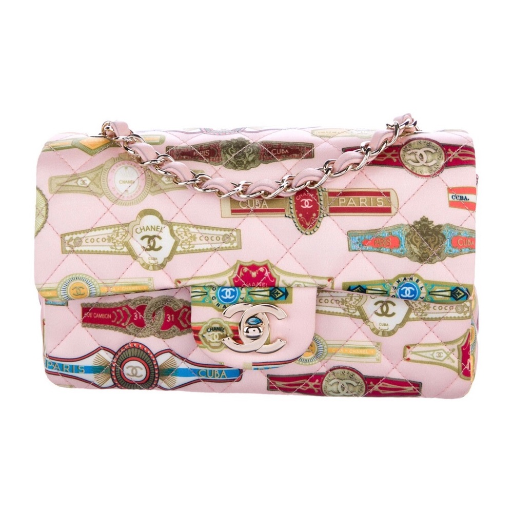 CHANEL Satin Paris Cuba Cigar Print Mini Flap Pink
